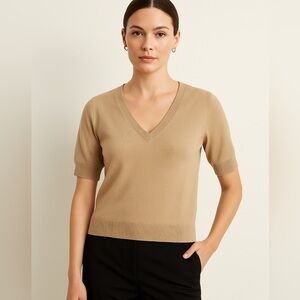 Ann Taylor Camel Tan Short Sleeve V-Neck Sweater | XS Petite